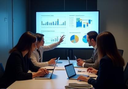 Professionals in a meeting discussing charts and data, representing business analysis and growth.
